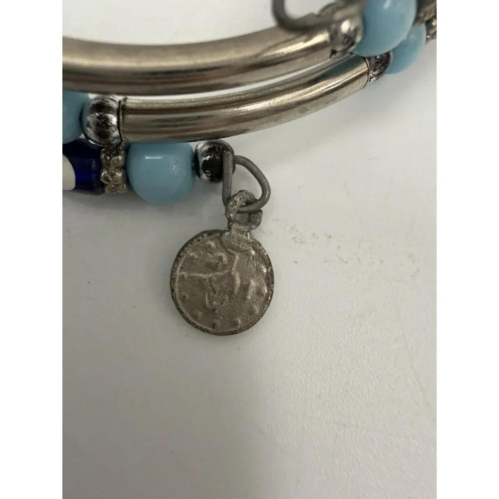 Vintage Silver Tone Layer Blue  Round & Barrel Beaded Bracelet